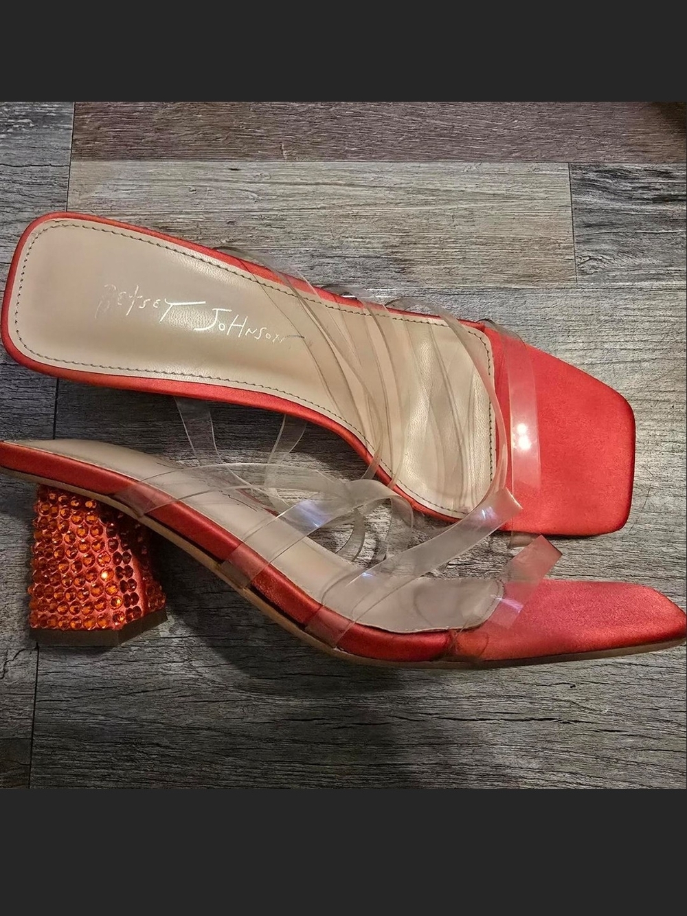 Betsey Johnson Red Satin Mules with Clear Straps and Crystal Embellished Heel